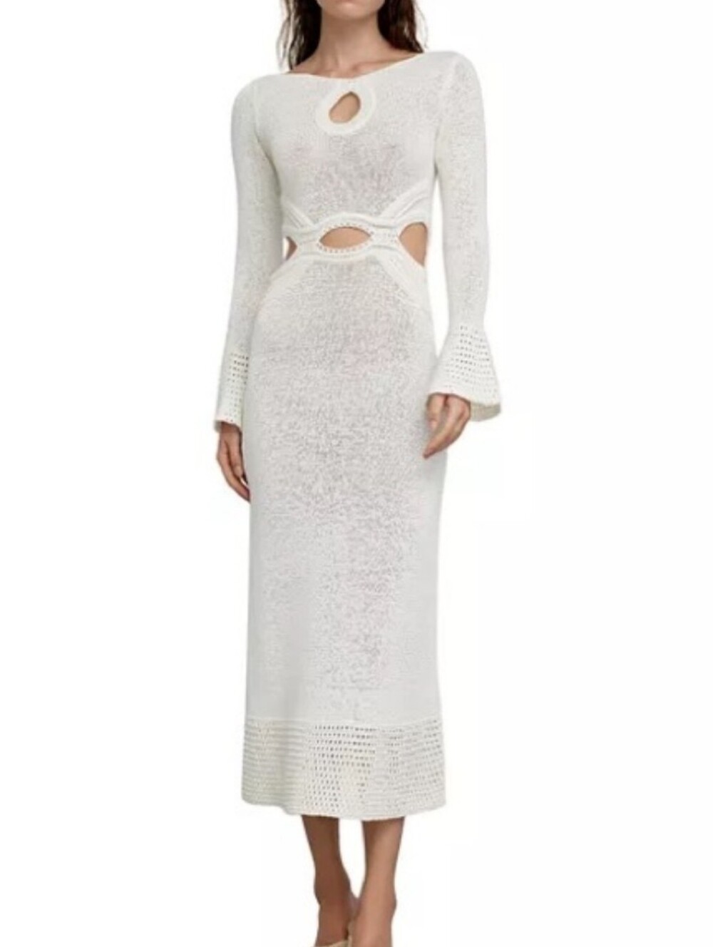 Significant Other Long-Sleeve Cream Knit Maxi Dress with Keyhole Neckline